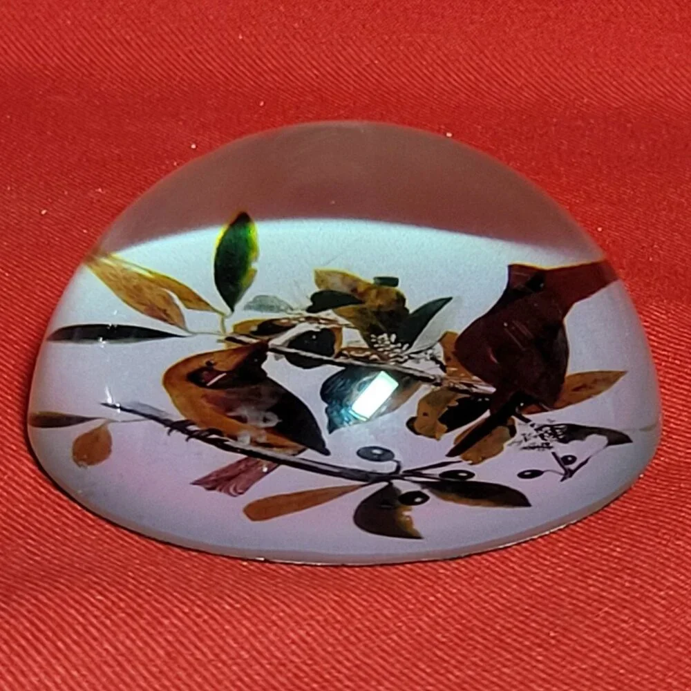 Vintage Art Glass Paperweight Bird on Olive Branches Half Round Dome